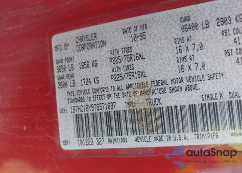 1996 Dodge Ram 1500 from USA, damaged, VIN 1B7HC16Y9TS571637